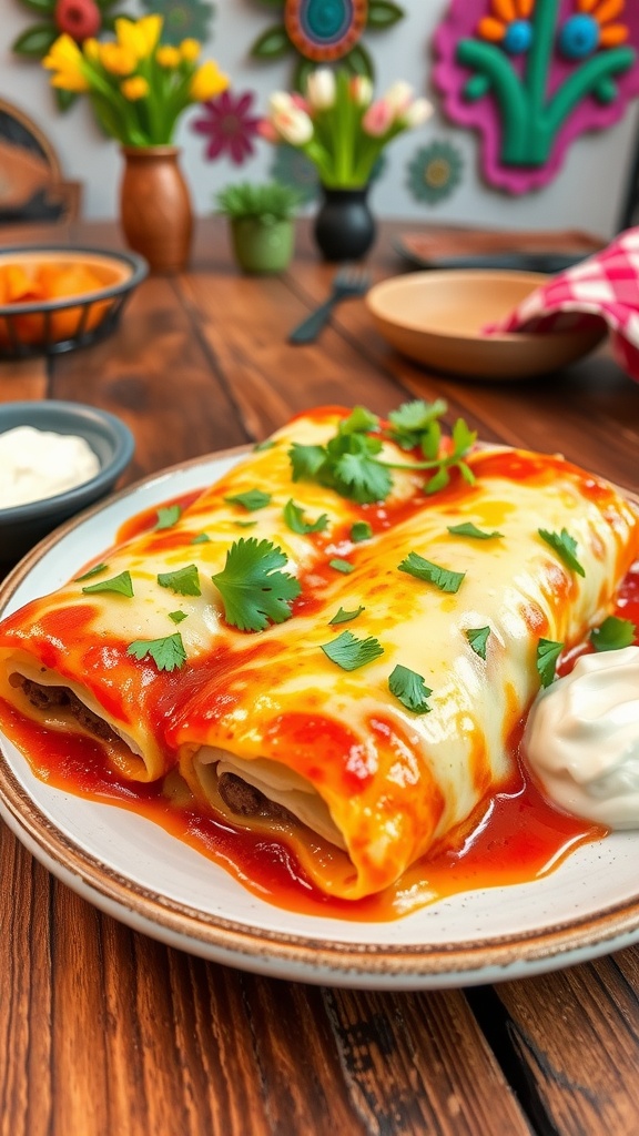 Cheesy lasagna enchiladas topped with sauce and cheese, garnished with cilantro on a wooden table.